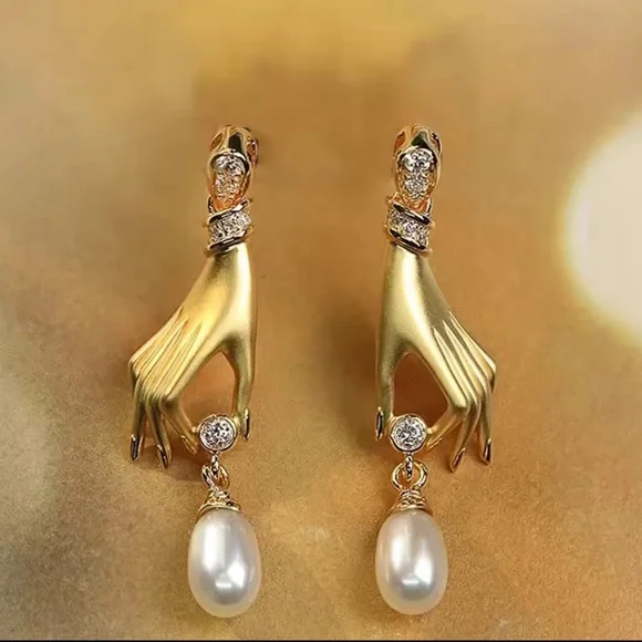 Victorian Golden Hand Baroque Pearl Drop Earrings - Picture 3 of 8